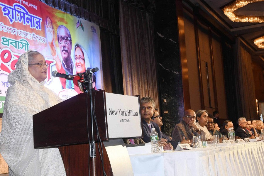 Prime Minister Sheikh Hasina addressing a public reception organised by the United States branch of the Awami League at New York on Sunday — Focus Bangla photo