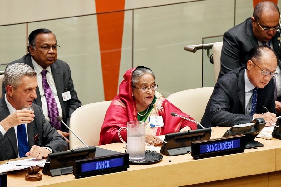 Prime Minister Sheikh Hasina participates at the ‘High-level Event on the Global Compact on Refugees: A Model for Greater Solidarity and Cooperation’ held at the UN headquarters on Monday. Photo: PID