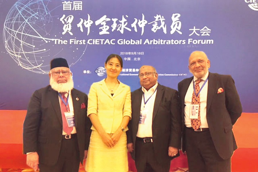 (L to R) Mr. Mahbubur Rahman (Chairman, BIAC), Deputy Chief Judge Ms. Gao Xiaoli (Supreme People's Court, China), Mr. Muhammad A. (Rumee) Ali (CEO, BIAC) and Barrister Ajmalul Hossain, QC seen at the China Arbitration Summit 2018 held recently in Beijing, China.