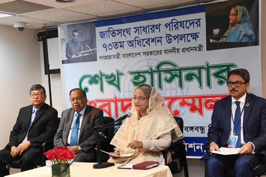 Prime Minister Sheikh Hasina speaking at a press conference in New York on Friday. Photo: PID