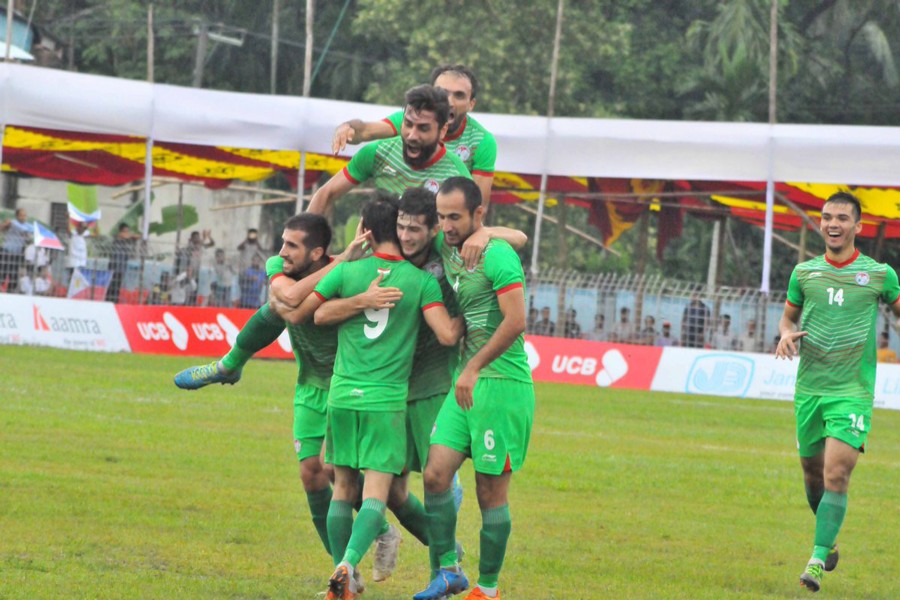 Tajikistan players celebrating after scoring a goal against Philippines in the semifinal of the Bangabandhu Gold Cup on Tuesday	— BFF