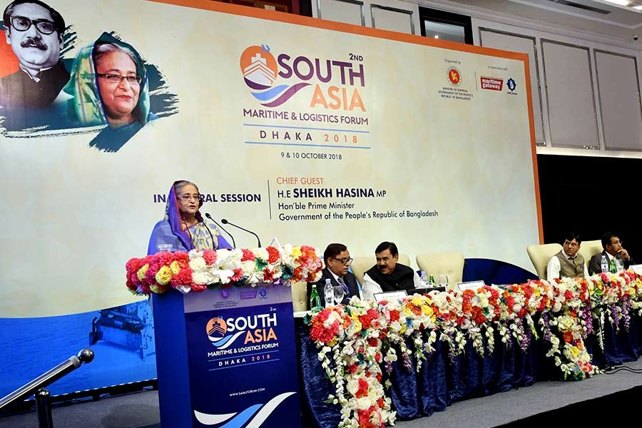 Prime Minister Sheikh Hasina addressing the inaugural function of the Second South Asia Maritime and Logistic Forum 2018 at Hotel Le Meridian in Dhaka on Tuesday afternoon. -Focus Bangla Photo