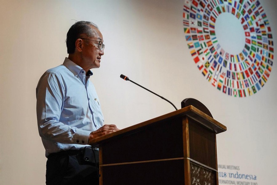 World Bank president Jim Yong Kim talks during a trade conference at the 2018 International Monetary Fund (IMF) World Bank Group Annual Meeting at Nusa Dua in Bali province, Indonesia, October 10, 2018 in this photo taken by Antara Foto. Reuters