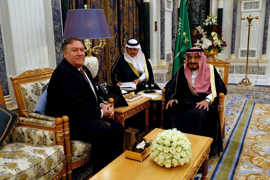 Saudi Arabia's King Salman bin Abdulaziz Al Saud holding meeting with US Secretary of State Mike Pompeo in Riyadh on Tuesday. -Reuters Photo