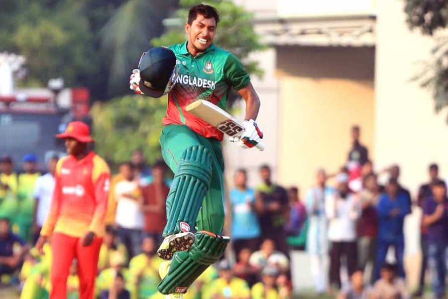 Soumya Sarkar celebrating after hitting ton against Zimbabwe in the one-day warm-up match on Friday 	— UNB