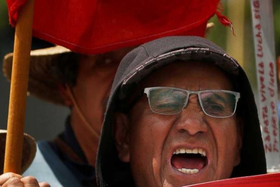 In this Oct 12, 2018 photo, Ignacio del Valle protests against the construction of Mexico City's new airport near their community, on Texcoco's dry lake bed, in Mexico.  - AP photo