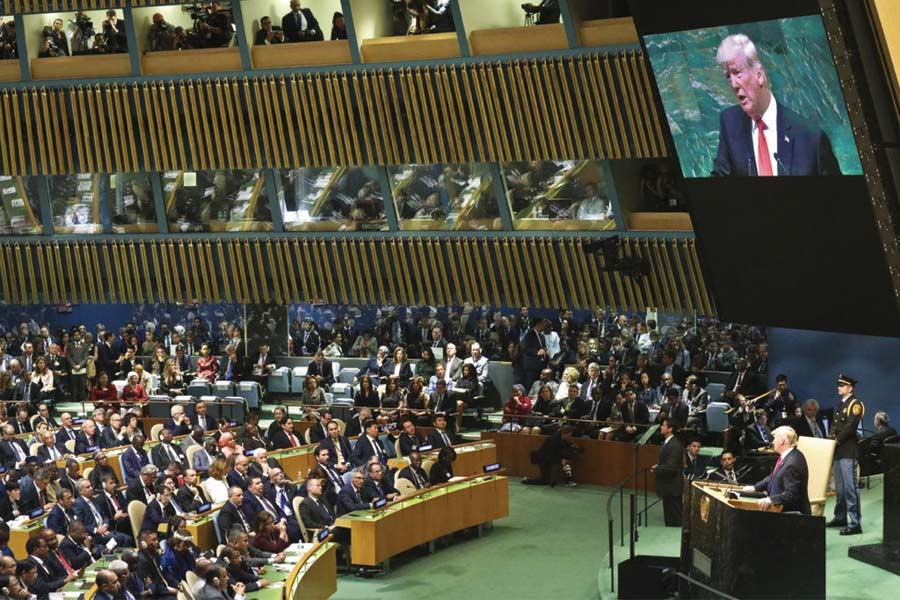 President Donald Trump addressing the United Nations General Assembly on September  25, 2018: "We reject the ideology of globalism and embrace the doctrine of patriotism"	—Photo: AP