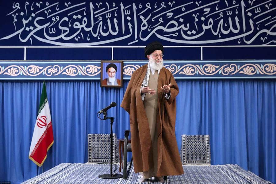 Iran's Supreme Leader Ayatollah Ali Khamenei addressing a meeting with students at the Hussayniyeh of Imam Khomeini in Tehran on Saturday. -Reuters Photo