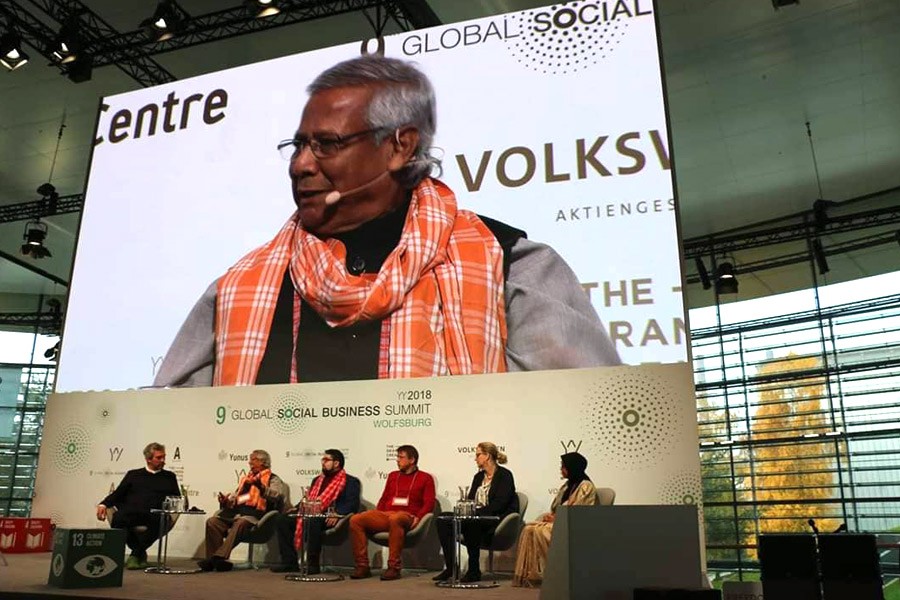 Nobel Peace Prize Laureate Prof Muhammad Yunus, among others, is seen at 9th Global Social Business Summit at Autostadt in Wolfsburg, Germany - Photo: Yunus Centre