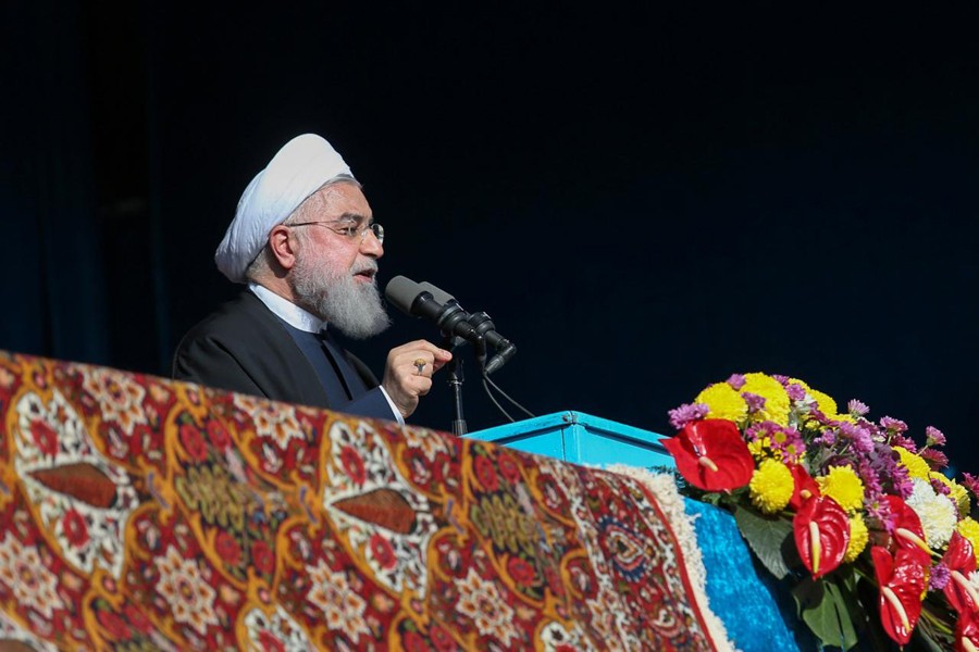 Iranian President Hassan Rouhani gives a public speech during a trip to the northern Iranian city of Shahroud, Iran, December 4, 2018. Official President website/Handout via Reuters/File Photo