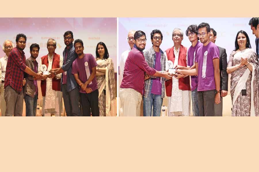 File photos show Team Olik (L) and Team Planet Kit (R) receiving National Hack-a-Thon awards from former minister for posts, telecommunication and information technology Mustafa Jabbar in the capital recently