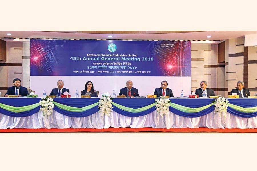 (From left) Mohammad Mostafizur Rahman, Company Secretary, Kamran Tanvirur Rahman, Shusmita Anis, Directors, M. Anis Ud Dowla, Chairman, Dr. Arif Dowla, Managing Director, Waliur Rahman Bhuiyan OBE, Director and Adil Husain, Independent Director of ACI Limited seen in the 45th AGM of ACI Ltd held on Wednesday