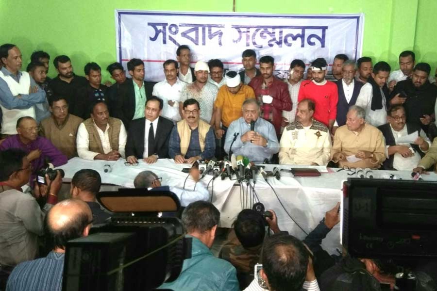 Jatiya Oikyafront chief Dr Kamal Hossain speaking at a press conference at the party's Purana Paltan office in the capital on Friday - UNB