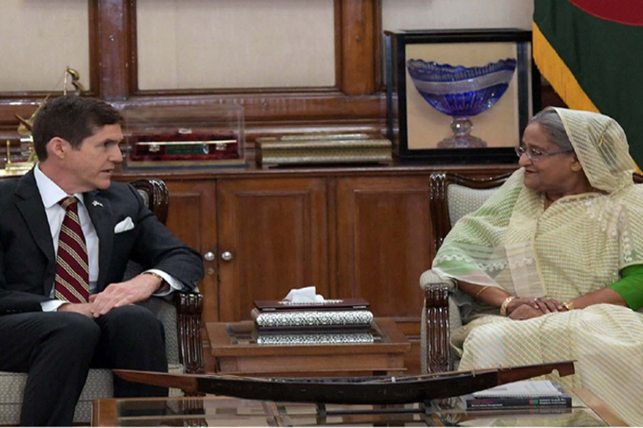 Newly appointed US Ambassador to Bangladesh Earl Robert Miller calls on Prime Minister Sheikh Hasina at her official residence Ganobhaban in Dhaka city on Monday. Photo: PID