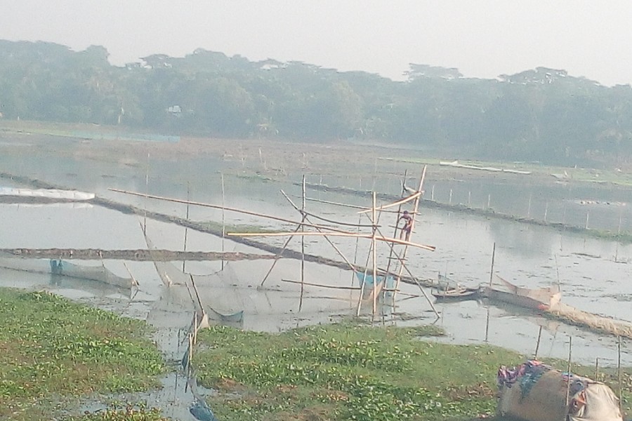 A fisherman setting up a trap to catch fish in the Pachuar canal at Golabaria under Gopalganj Sadar on Wednesday    	— FE Photo