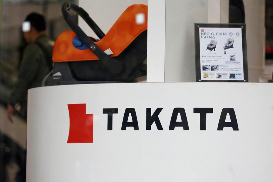 The logo of Takata Corp is seen on its display at a showroom for vehicles in Tokyo, Japan on February 9, 2017 — Reuters/File