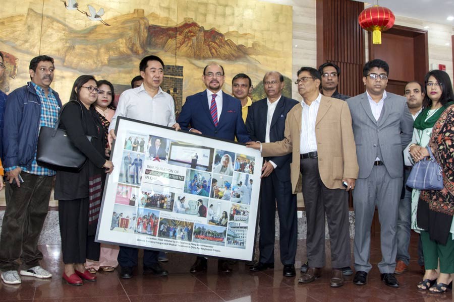 Chinese Ambassador in Dhaka Zhang Zuo at an experience-sharing event at the Embassy on medical treatment and tourism in Dhaka on Monday. Photo: Courtesy