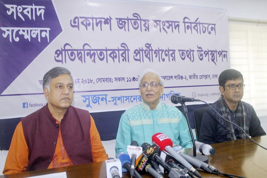 Sushasoner Jonno Nagorik (Sujan) General Secretary Badiul Alam Mazumder speaking at a press conference at the Jatiya Press Club in the city on Monday 	—  FE Photo