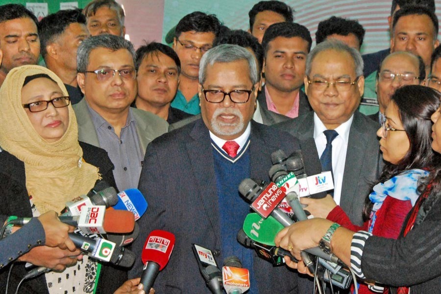 Chief Election Commissioner KM Nurul Huda addressing journalists while inspecting the media booth at the Result Announcement Centre of Nirbachan Bhaban in the city on Friday — Focus Bangla