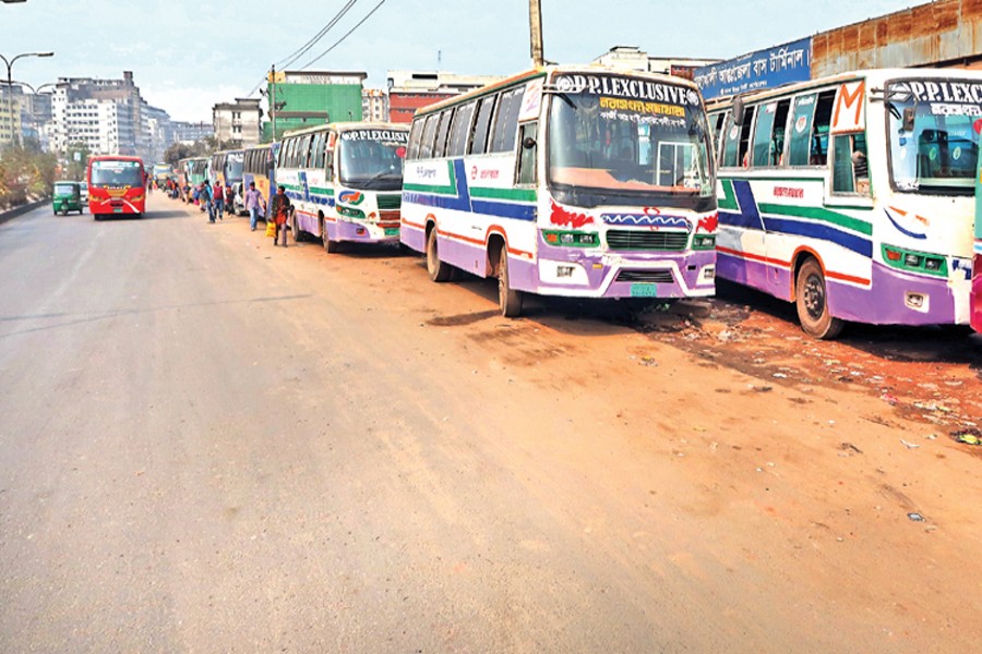 Representational image: Buses are parked in front of the Mohakhali Bus Terminal in defiance of Dhaka North City Corporation's directive, February 3, 2018. Photo: FE/Files