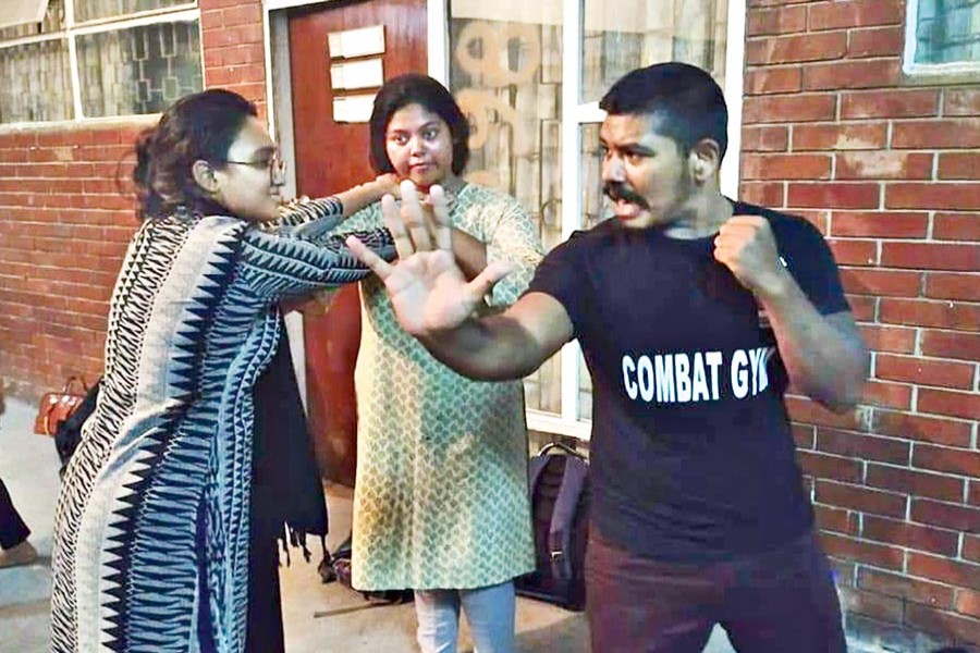 Edward Francis Gomes, an authorised self-defence instructor of Tactical Krav Maga Bangladesh, training up female students