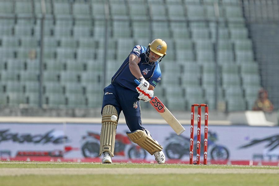 Dhaka Dynamites' batsman Afghan Hazratullah Zazai playing a shot against Khulna Titans during BPL at Sher-e-Bangla National Cricket Stadium in the city on Tuesday	— BCB