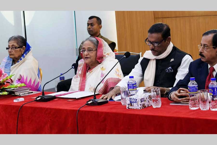 Prime Minister Sheikh Hasina presiding over a joint meeting of Awami League Advisory Council and Central Working Committee at the party’s Bangabandhu Avenue central office in the capital on Saturday -Photo: PID