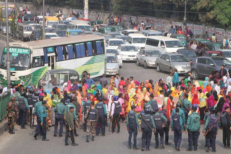 Representational image: Ready-made garment workers take to streets in Dhaka city on Saturday demanding revision of their wage structure. UNB/Files