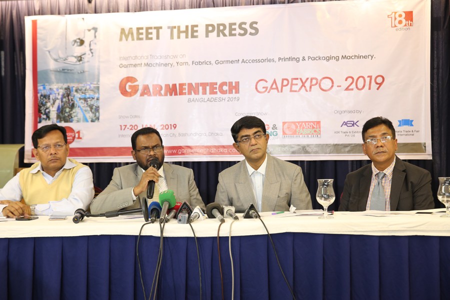 BGAPMEA Pesident Abdul Kader Khan speaks at a press conference at a hotel in Dhaka city on Monday to announce four days of as many trade shows scheduled to begin on January 17. FE Photo