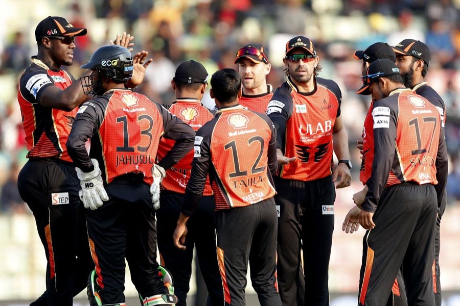 Khulna Titans players celebrating after winning against Rajshahi Kings in a BPL match at Sylhet International Stadium on Tuesday	— BCB