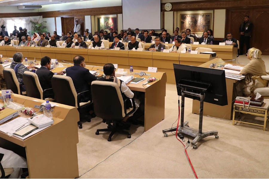 The new cabinet, led by Prime Minister Sheikh Hasina, sits in its maiden meeting at the Prime Minister’s Office in the capital on Monday. Photo: Focus Bangla