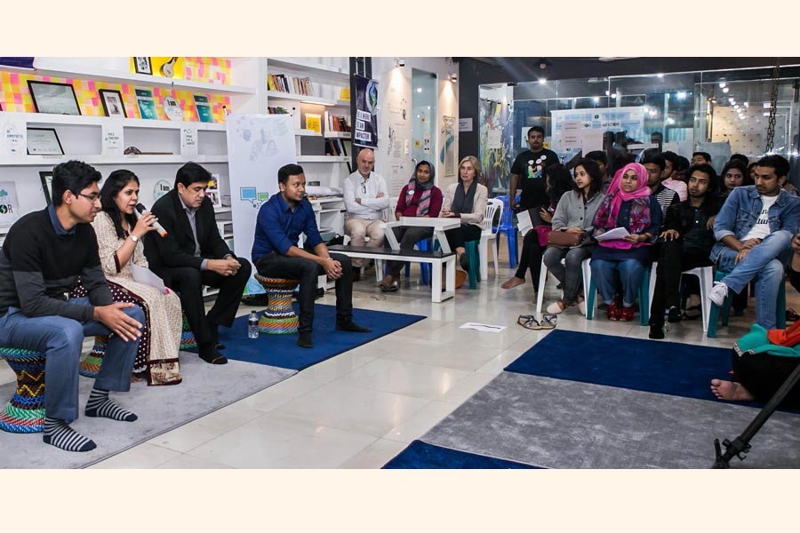 Zahid Amin, Imtiaz Kasem and Ridwan Hafiz  are seen along with others during 'Correcting Course' session of  'Boithok', a knowledge-sharing forum of Toru Institute of Inclusive Innovation