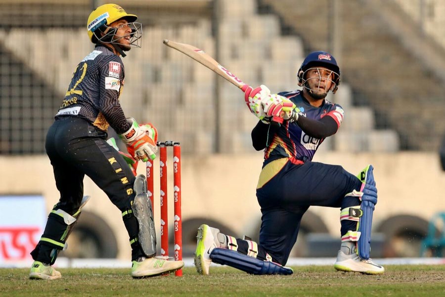 Chittagong Vikings' Mushfiqur Rahim playing a shot in their BPL match against Rajshahi Kings at the Sher-e-Bangla National Cricket Stadium in the city on Wednesday	— BCB