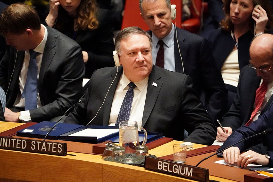 Mike Pompeo (centre) is pictured at the United Nations during a Security Council meeting on Saturday — Reuters photo