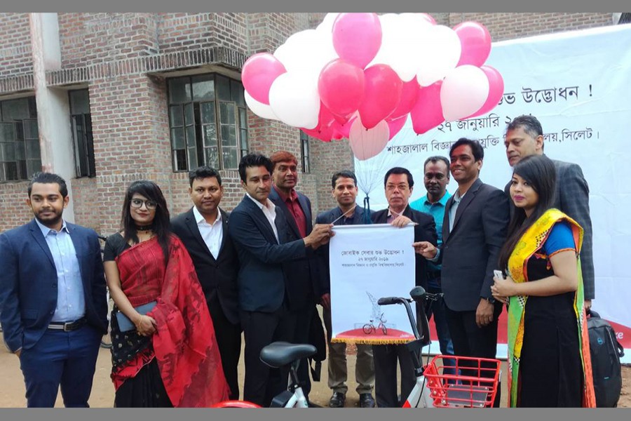 Jobike has been inaugurated in front of ‘E’ Education Bhaban in the SUST campus on Sunday, Jan 27, 2019. Photo: UNB