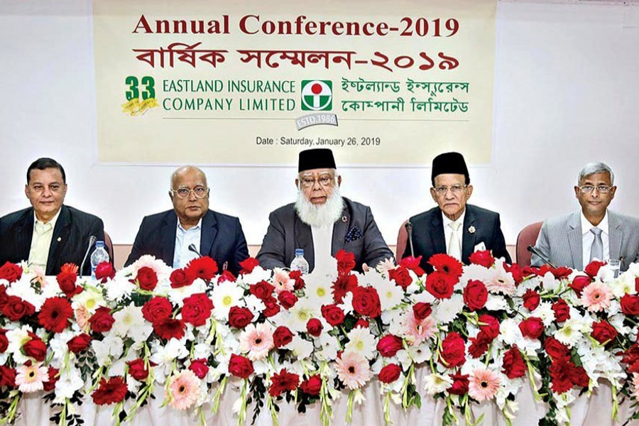 Mahbubur Rahman, Chairman, Eastland Insurance Company Ltd, addressing the Company's Annual Conference held in the city on Saturday. Member of the Board A.S.M Quasem, Kamal Uddin Ahmed (right) Executive Vice Chairman, Ghulam Rahman and Chief Executive Officer Arun Kumar Saha (left) also seen