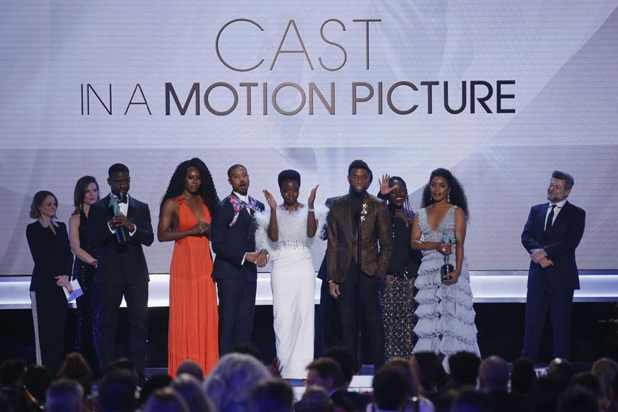 25th Screen Actors Guild Awards - Show - Los Angeles, California, US, January 27, 2019 - Cast member Chadwick Boseman speaks on behalf of the cast of Black Panther after the film won Outstanding Performance by a Cast in a Motion Picture - REUTERS/Mike Blake