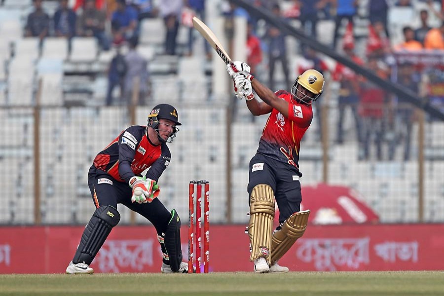 Comilla Victorians' Evin Lewis hitting a ball in the BPL match against Khulna Titans at the Zahur Ahmed Chowdhury Stadium in Chattogram on Monday	— BCB