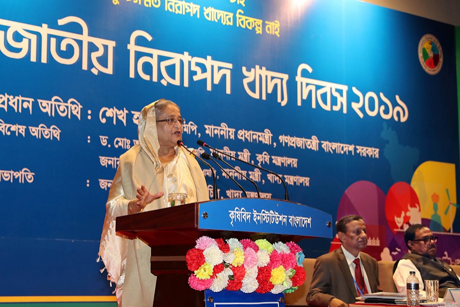 Prime Minister Sheikh Hasina addressing a programme marking the National Food Safety Day 2019 at Krishibid Institution, Bangladesh (KIB) on Sunday — Focus Bangla photo