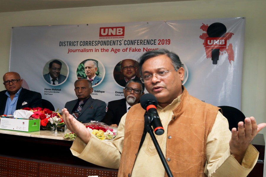 Information Minister Dr Hasan Mahmud speaking at the Annual District Correspondents’ Conference 2019 of United News of Bangladesh (UNB) in the capital on Saturday - UNB