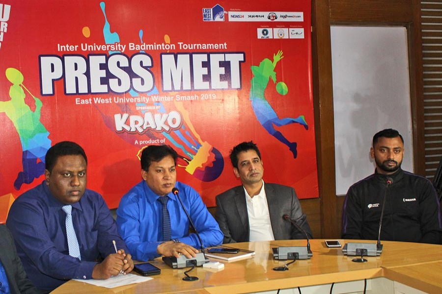 A press conference on the 4th inter-university badminton tournament by KRAKO, a snacks brand of PRAN Foods Limited and hosts of East-West University Winter Smash-2019, in progress at PRAN Center in the city on Monday