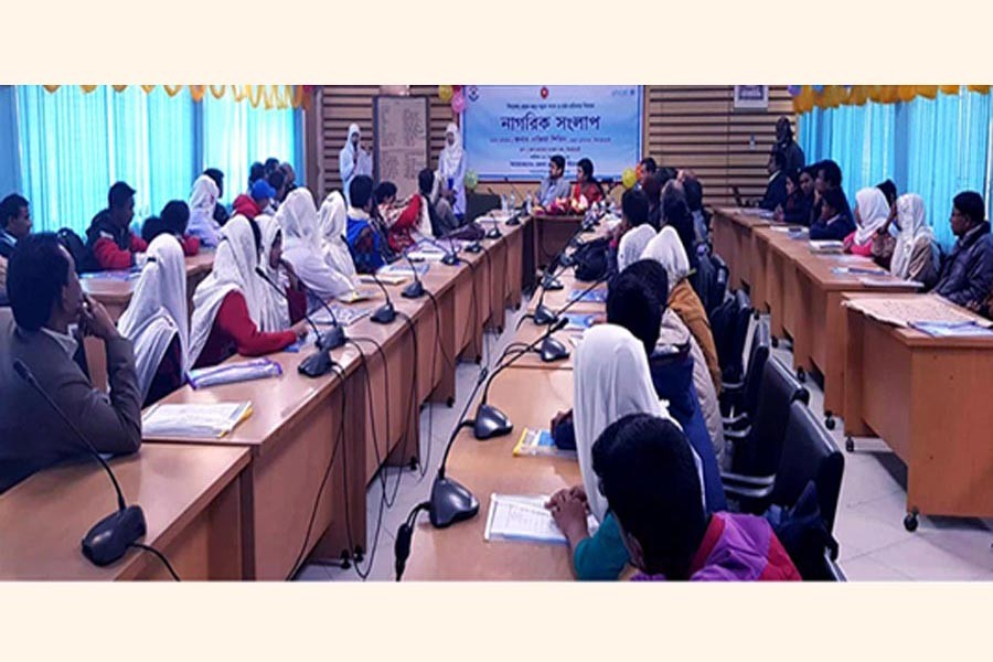 The citizen dialogue organised jointly by the Nilphamari district administration and UNICEF in progress in Nilphamari district town on Tuesday    	— BSS Photo