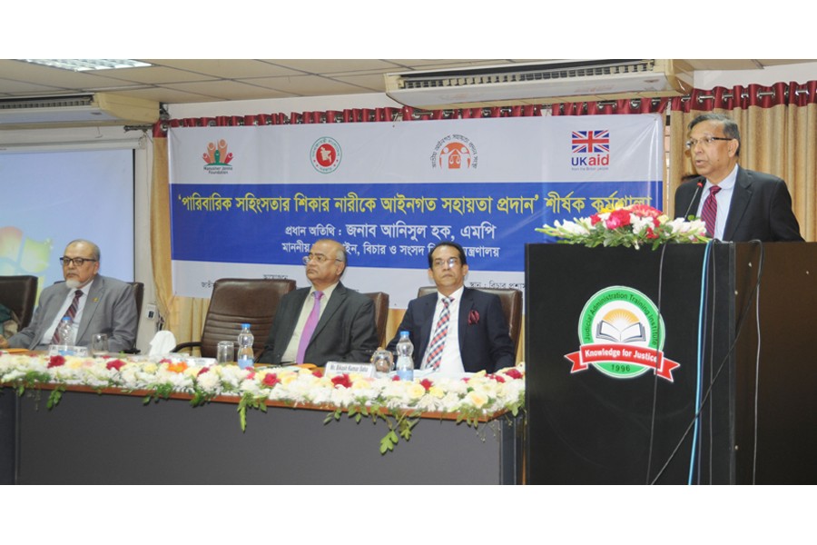 Law Minister Anisul Huq addressing an inaugural session of a workshop titled ‘Role of Government Legal Services in the Prevention of Family Violence’ at the Judicial Administration Training Institute (JATI) in the capital on Saturday   