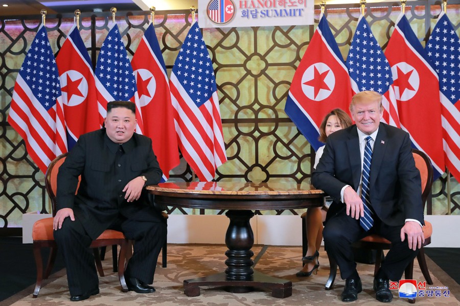 North Korea's leader Kim Jong Un and US President Donald Trump meet for the second North Korea-US summit in Hanoi, Vietnam, in this photo released on March 1, 2019 by North Korea's Korean Central News Agency (KCNA). KCNA via Reuters