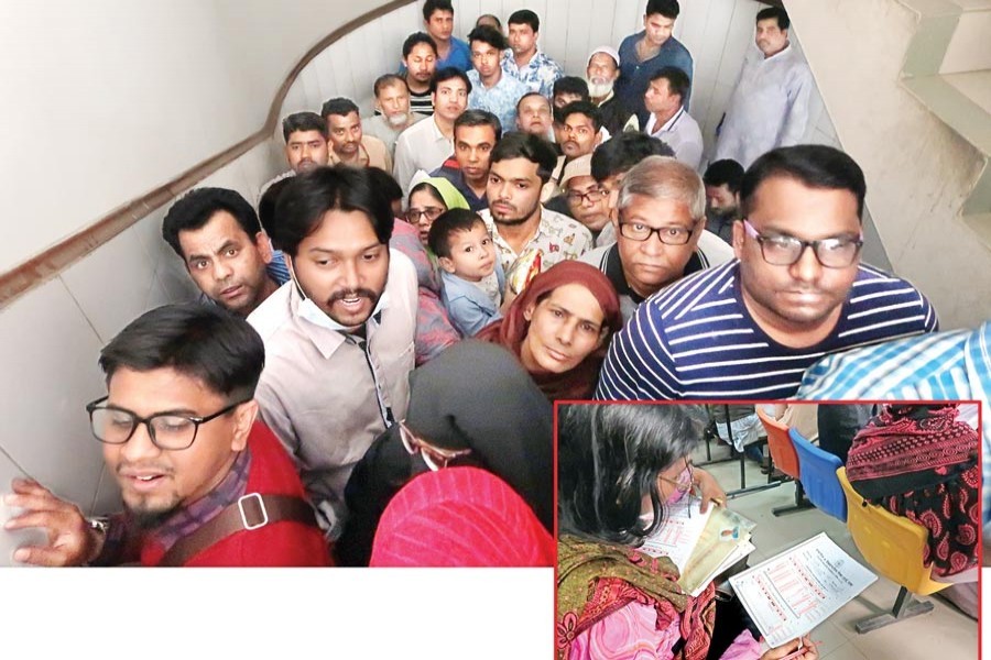 Service recipients waiting in long spiralling queues inside the Divisional Passport and Visa Office at Agargaon in the capital on Sunday, while (inset) a teacher utilising her waiting time there by checking exam scripts — FE Photos by Shafiqul Alam