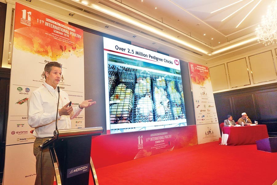 Dr. Frank Siewerdt, Senior Global Director (Genetics) of Cobb-Vantress Inc., presenting a paper at the 11th International Poultry Seminar - 2019 at a city hotel on Tuesday — FE Photo