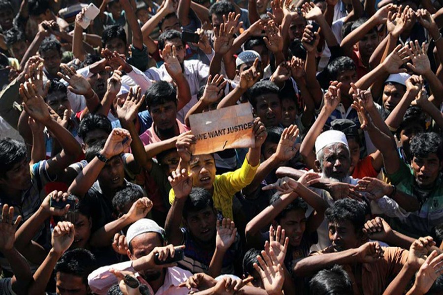 Hundreds of Rohingya refugees shout slogans as they protest against their repatriation at the Unchiprang camp in Teknaf, Cox’s Bazar, November 15, 2018. Reuters/Files