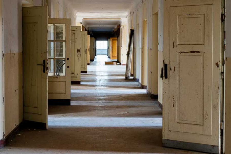 In this Tuesday, Feb 22, 2019 photo, the doors stand open in a corridor of the abandoned "Haus der Offiziere", the headquarters for the Soviets' military high command in former East Germany at the Wuensdorf neighborhood of Zossen, some 40 kilometres (25 miles) south of Berlin. - AP