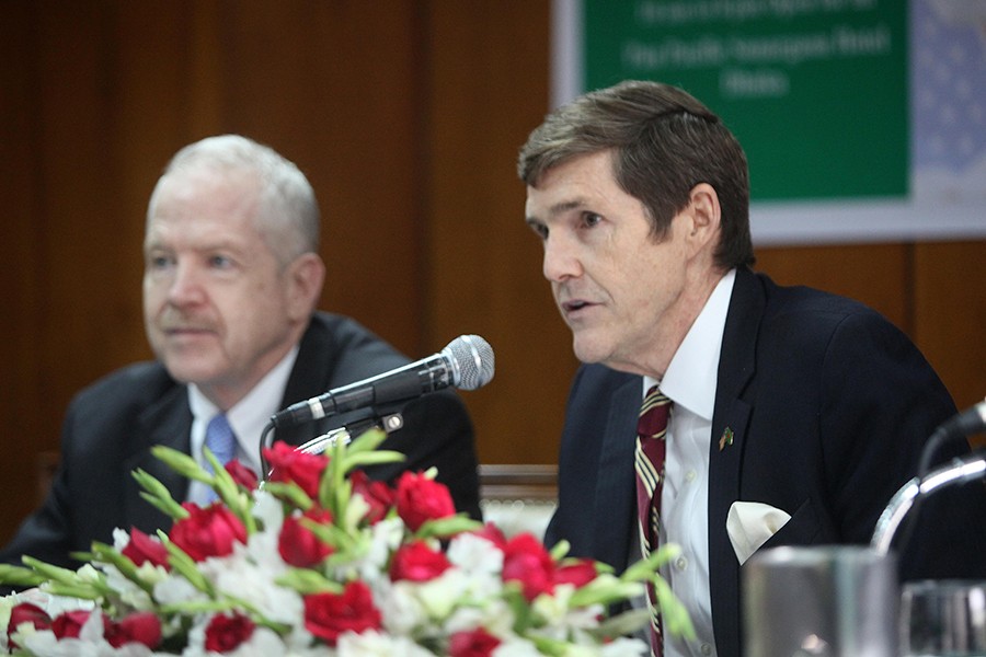 US Ambassador Robert Miller speaking at a "Meet the Press" event on US Trade Show-2019 at a local hotel in the city on Tuesday — Collected