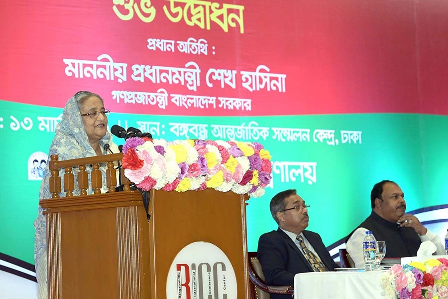 Prime Minister Sheikh Hasina addressing the inaugural programme of the National Primary Education Week, 2019 at Bangabandhu International Conference Centre in Dhaka on Wednesday. -PID Photo